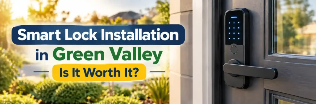 Smart lock installation in Green Valley featuring a modern matte black keypad lock on a contemporary home door.